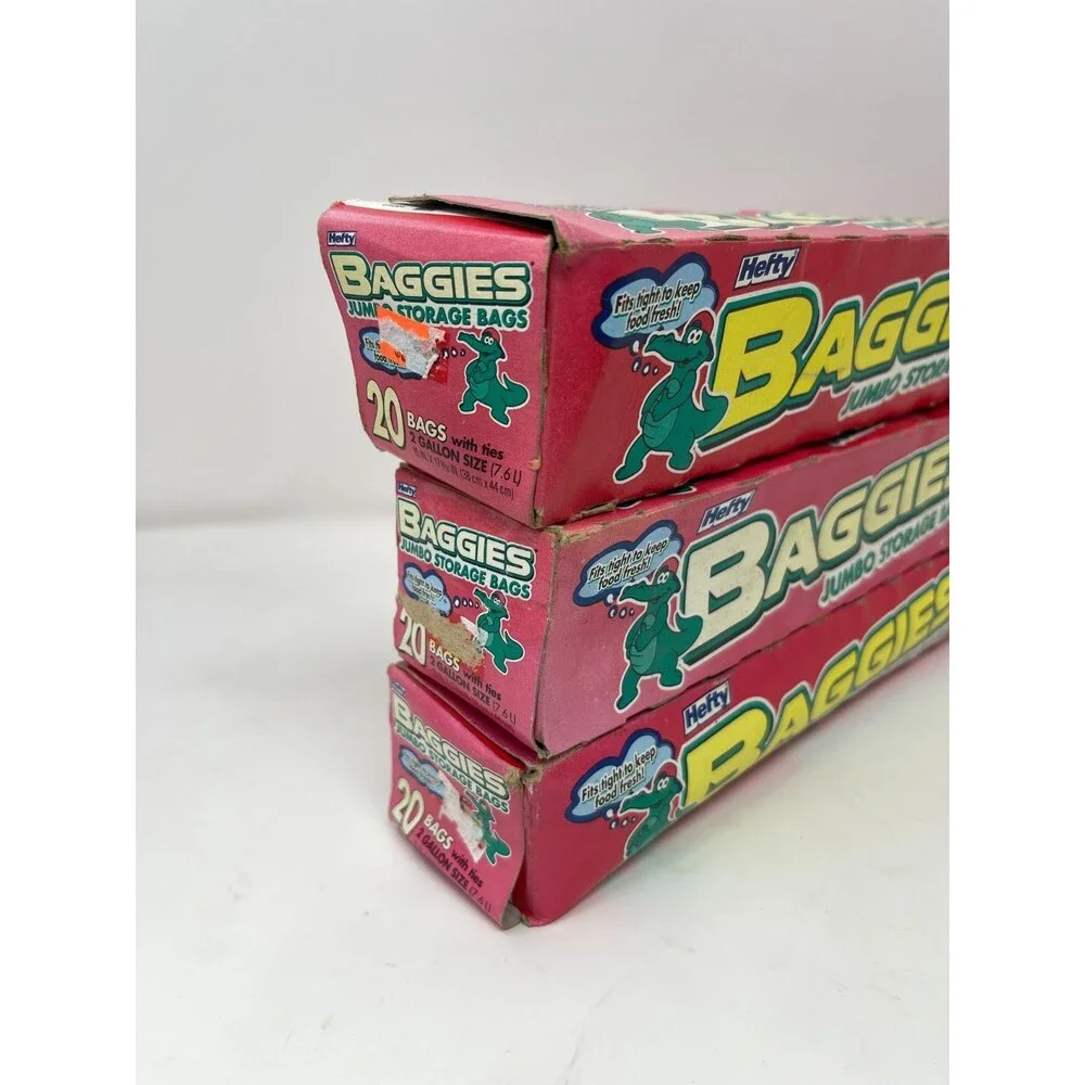 3x VINTAGE Hefty Baggies 20 Jumbo Storage Bags With Ties ~2 GALLON~ Size NOS